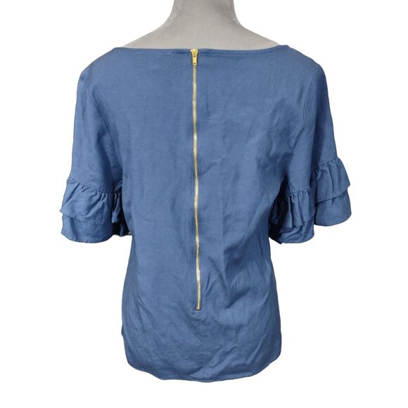 Appraisal Linen Blend Top Blue Bell Sleeve Exposed Zipper Peasant Womens Large - Picture 2 of 7